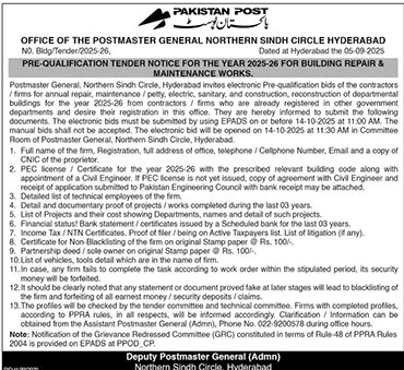 Pakistan Post Hyderabad Tender Notice